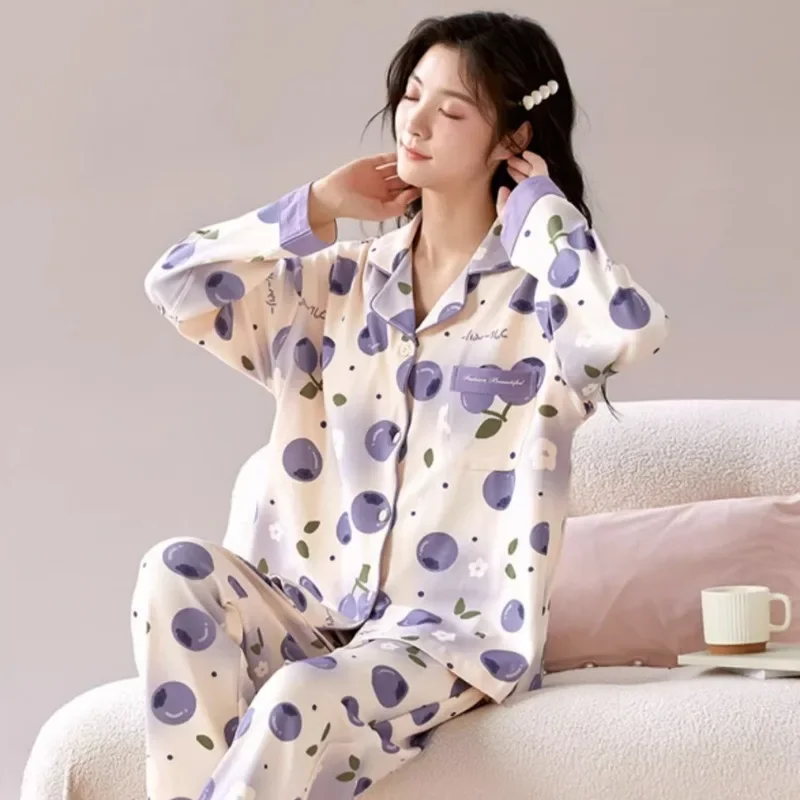 Padded Pajamas Spring Autumn Women Long Sleeve Pure Cotton Nightclothes Suit Female Sweet Loose Casual Single Breasted Homewear