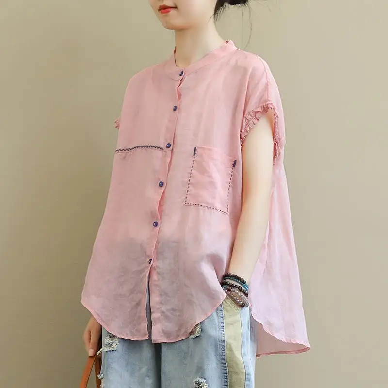 Women's Short-sleeved Shirt T-shirt Summer New Style Loose Stand Collar Embroidered Irregular Base Cardigan Top