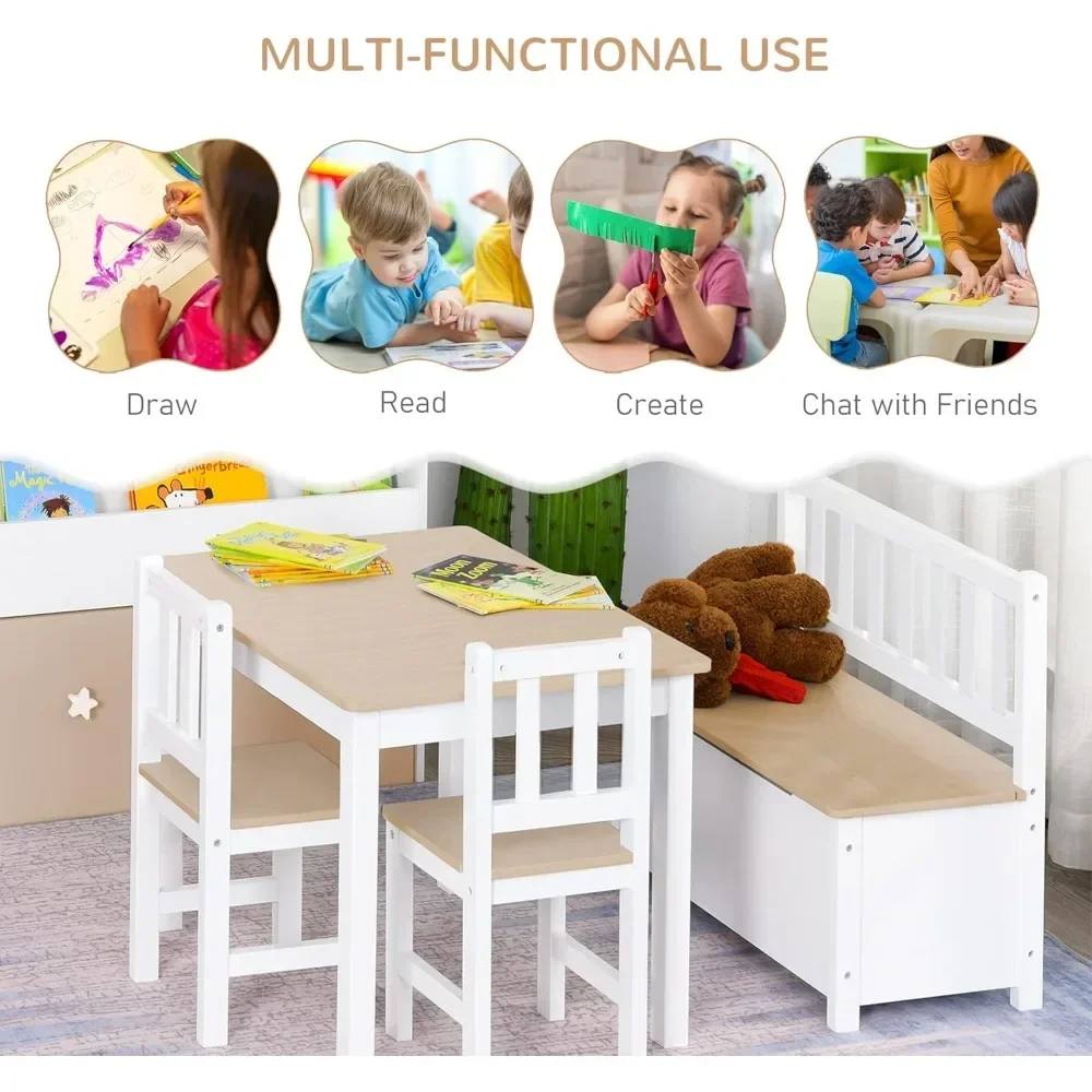 4-Piece Kids Table Set with 2 Wooden Chairs, 1 Storage Bench, and Interesting Modern Design, Natural/White