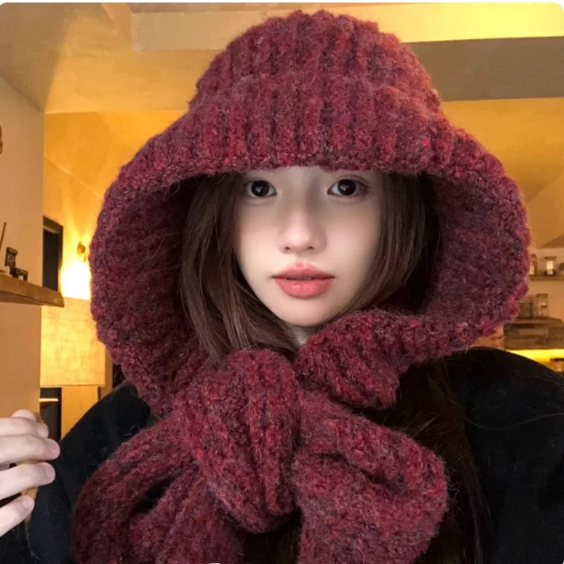 

Новые цвета, разноцветные модные вязаные шапки-балаклавы, женские зимние теплые шапки для защиты ушей, шарф с капюшоном для верховой езды, интегрированные шапки-бини