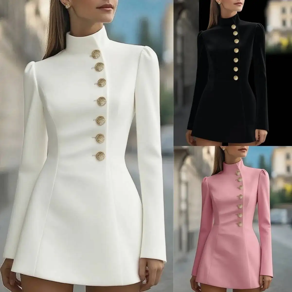 

2026 Spring New Pure Color Slim Fit Stand Collar Single Button Suit Dress Women's Fashionable Elegant Midi One Shoulder Dress