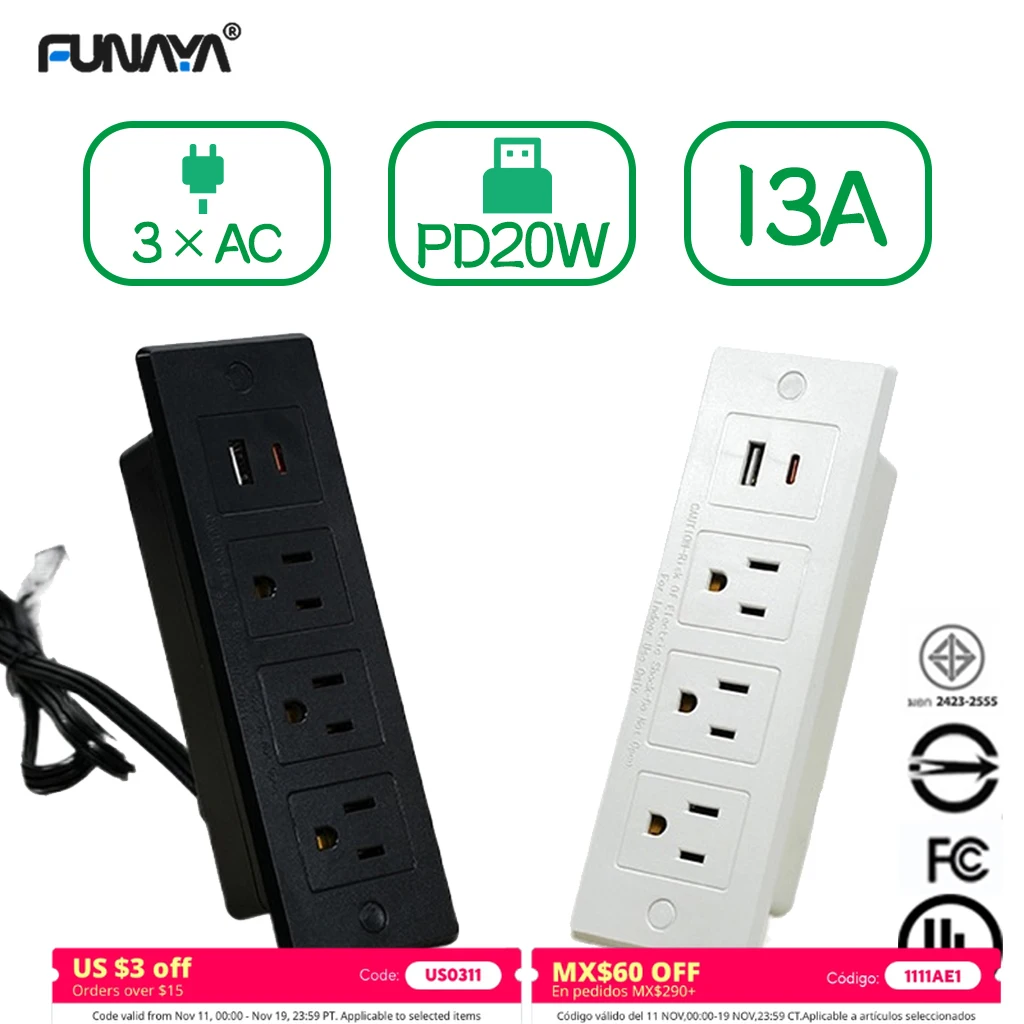

FUNAYA Hidden Table Встроенная настольная розетка US MX PD USB Type-c Электрический удлинитель Утопленная розетка для мебельного шкафа