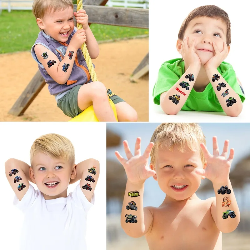 Tatuajes de Mini coche para niños, pegatina falsa, tatuajes temporales impermeables, cara brillante, dibujos animados, Festival