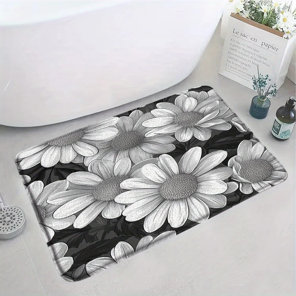 Black and white daisy patterned floor mat, made of polyester fabric, machine washable, suitable for bedrooms and living rooms.