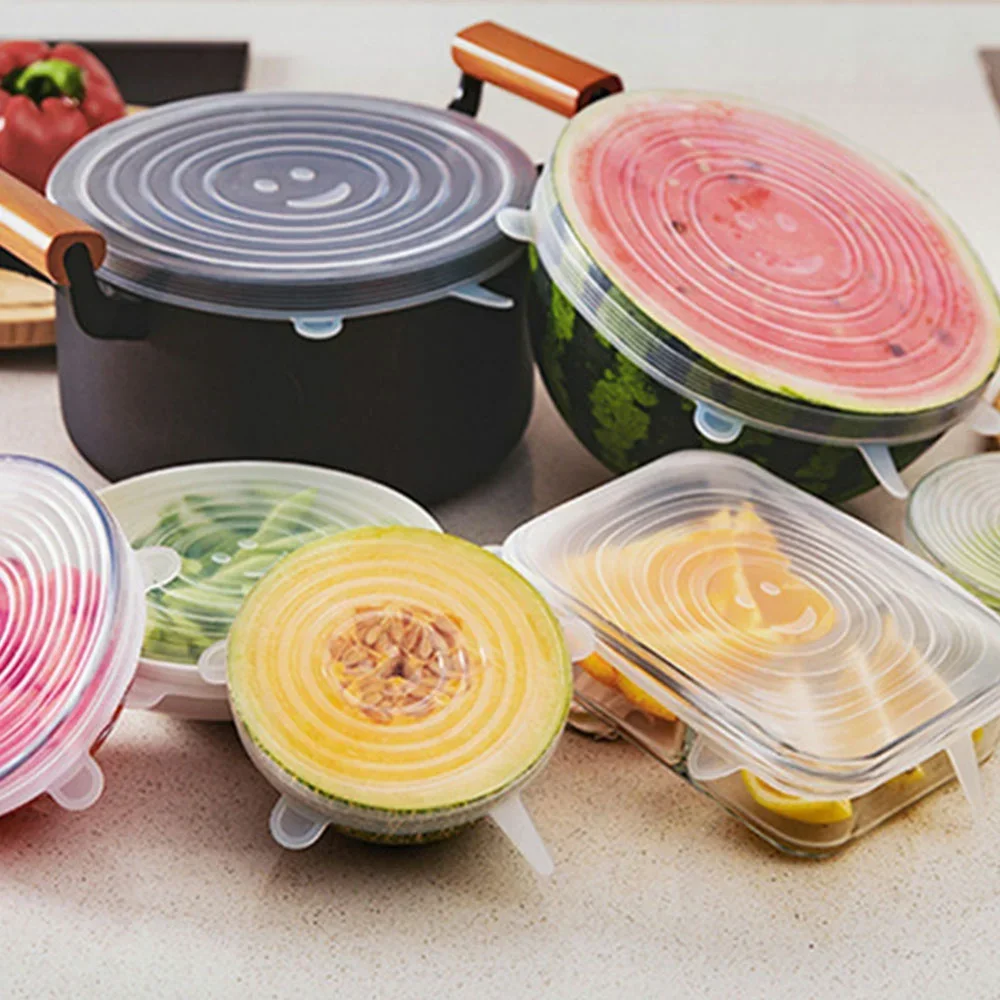 6PCS Jar Lids Silicone Cover Food Caps Fresh-keeping Lids Microwave Lids Stretch Silicone Cover For kitchen accessories