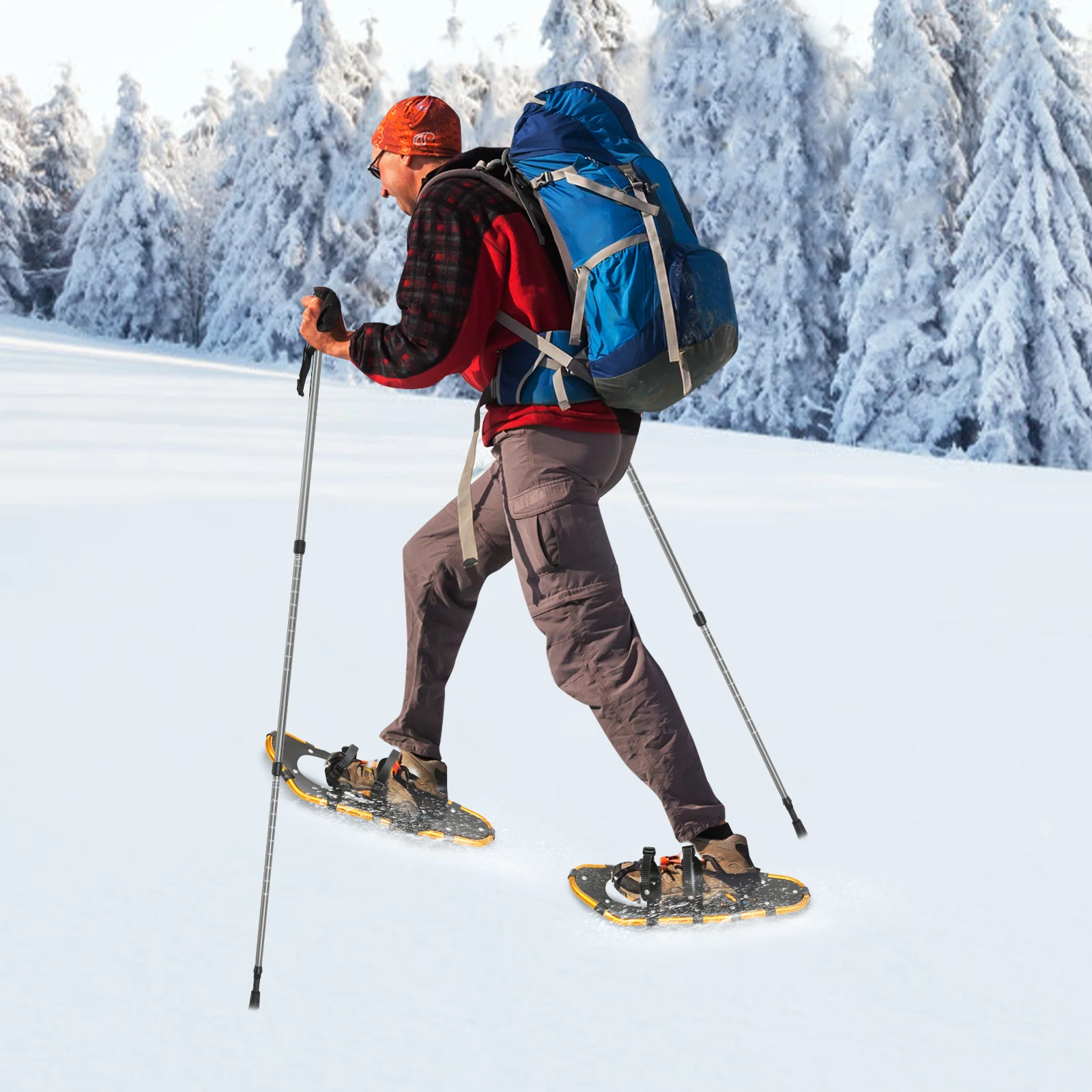 زوج واحد من أحذية الثلوج مقاس 25 بوصة وأحذية الثلج وأقطاب الرحلات القابلة للتعديل 65-135 سم، مناسبة للبالغين والرجال والنساء الذين يزنون 110-220 رطلاً