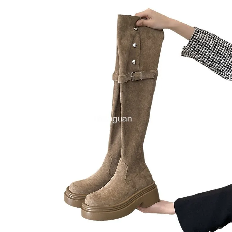 Autumn Winter Platform Women\'s Over The Knee High Boots Fashion Slip on Thick High Heel Concise Long Botas De Mujer Casual Shoes