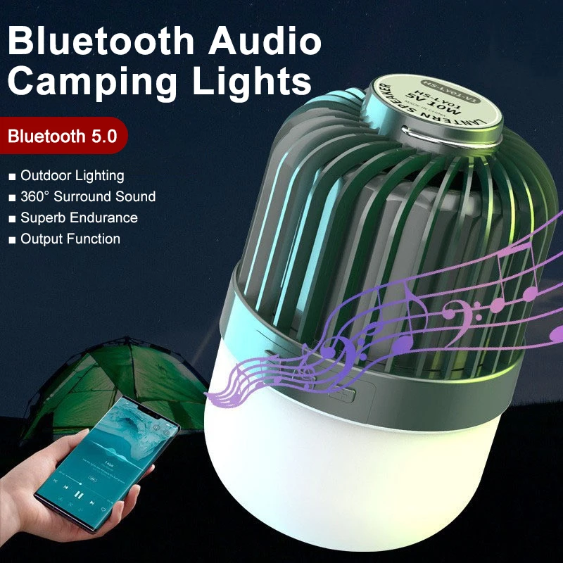 Luces de Camping al aire libre con altavoces Bluetooth, función de salida, lámpara de tienda de campaña con batería recargable 18650, linternas de emergencia portátiles