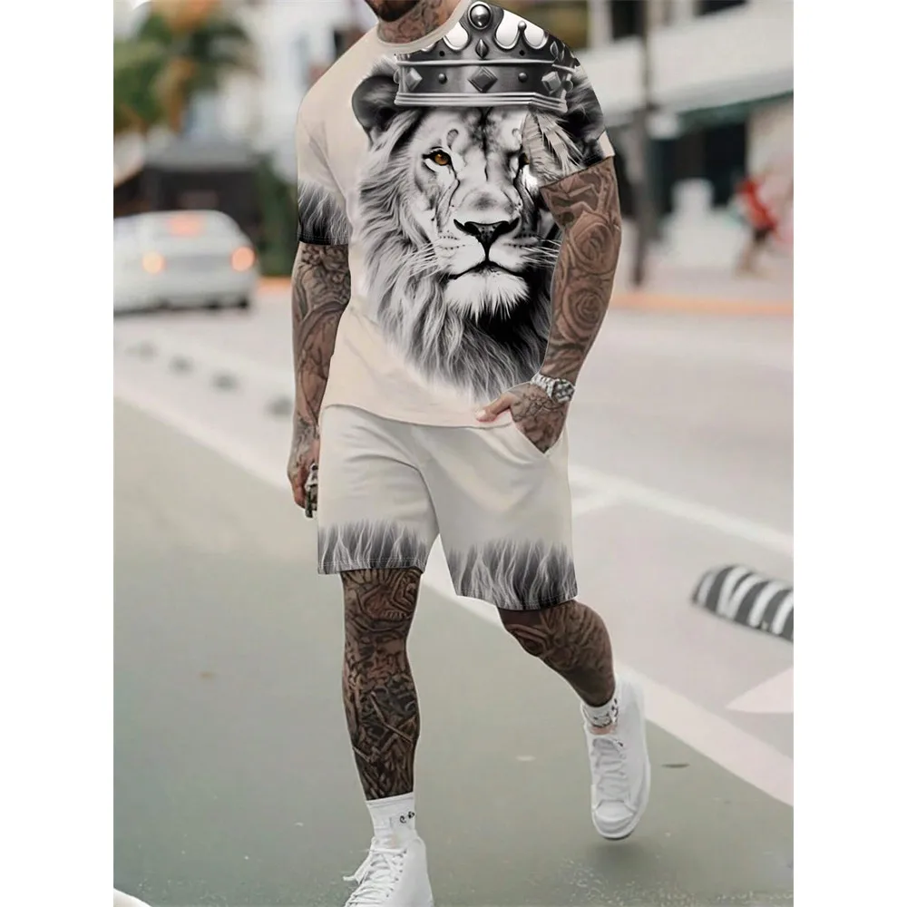 Men's new3D Short sleeved shorts Summer fashion Lion King Short sleeved shorts set 2 piece street meeting outfit