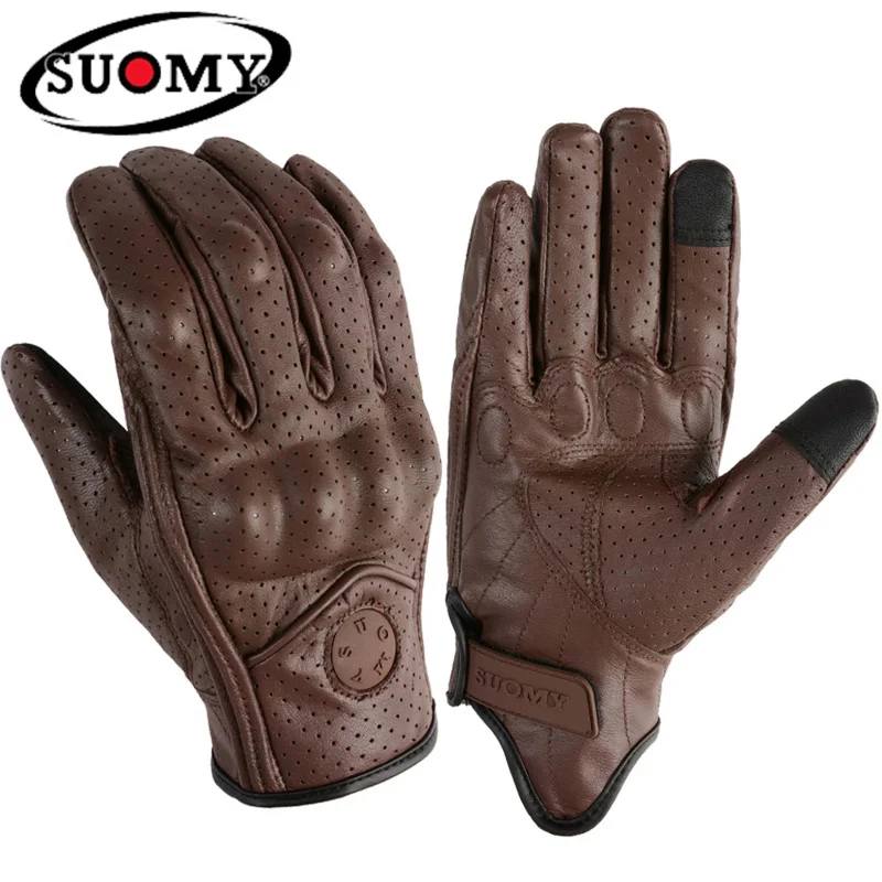 SUOMY Genuine Leather Perforated Motorcycle Gloves  Retro Summer Breathable Design for Men&Women Motocross Racing Street Riding