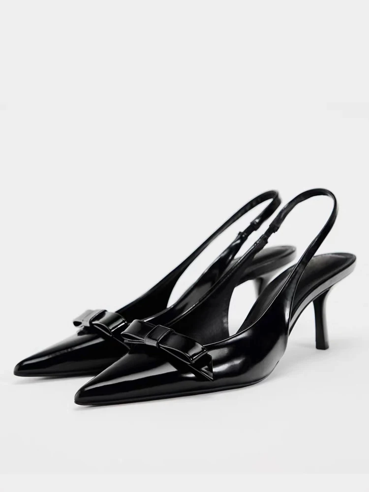 

Элегантные черные туфли на высоком каблуке с острым носком и бантом, модные летние сандалии с низким вырезом для женщин, удобные, без застежек