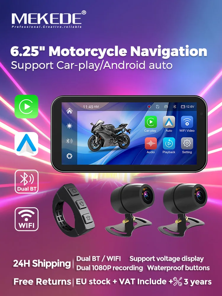 MEKEDE Deutschland Lager 6,25-Zoll Motorrad Carplay 1080P DVR Fahrtenschreiber Monitor Tragbares Moto-Navigationssystem GPS Kabelloses Carplay Android Auto IP67 Wasserdichter Bildschirm BT WIFI