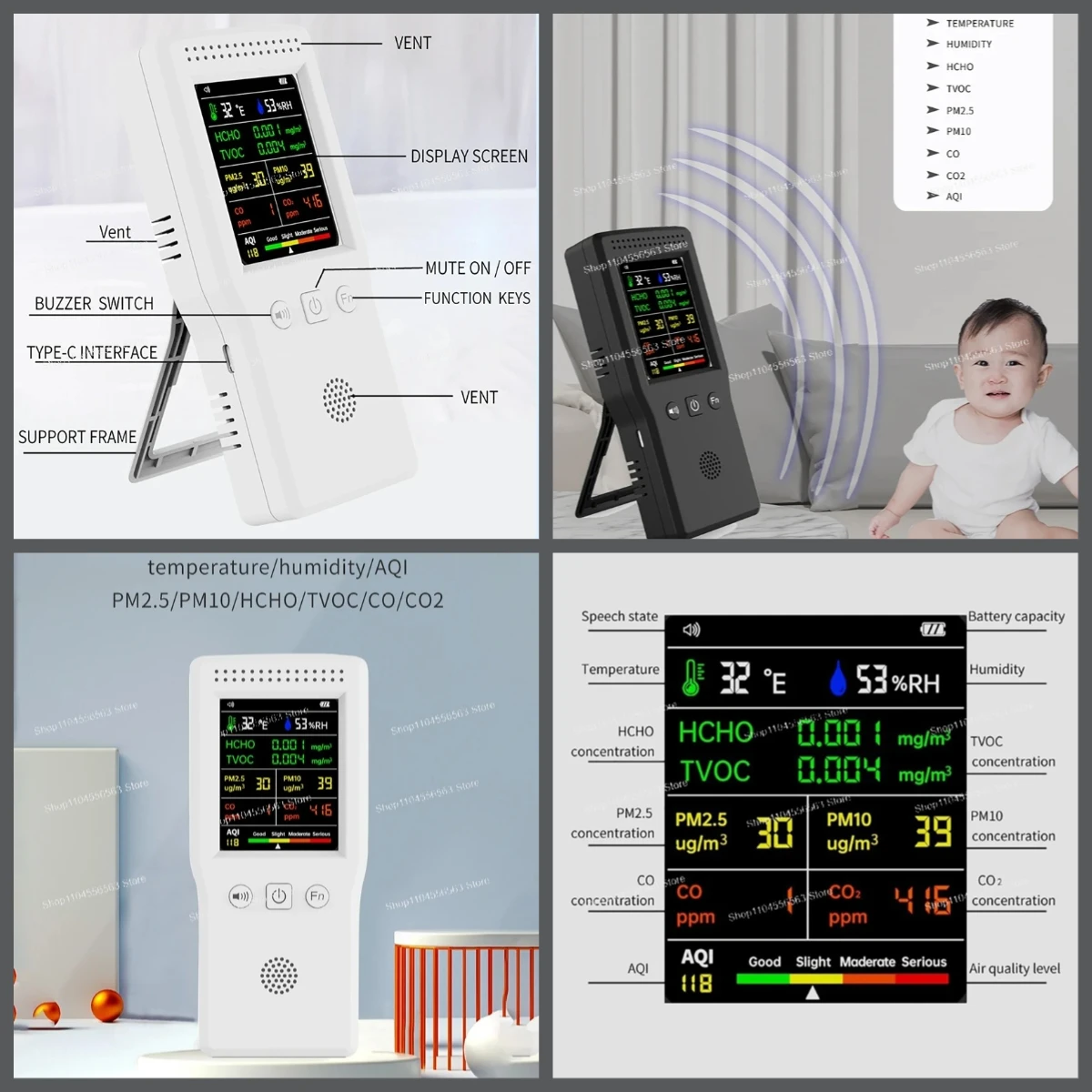 9-In-1 handheld air quality detector with LCD display to detect PM2.5/PM10/HCHO/TVOC/CO/CO2/AQI + temperature and humidity