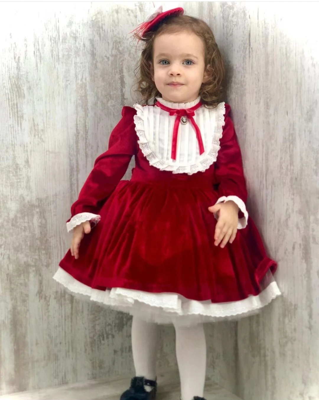 

1-12Y Baby Girl Autumn Winter Red Velvet Vintage Spanish Turkish Princess Ball Gown Dress for Eid Photography