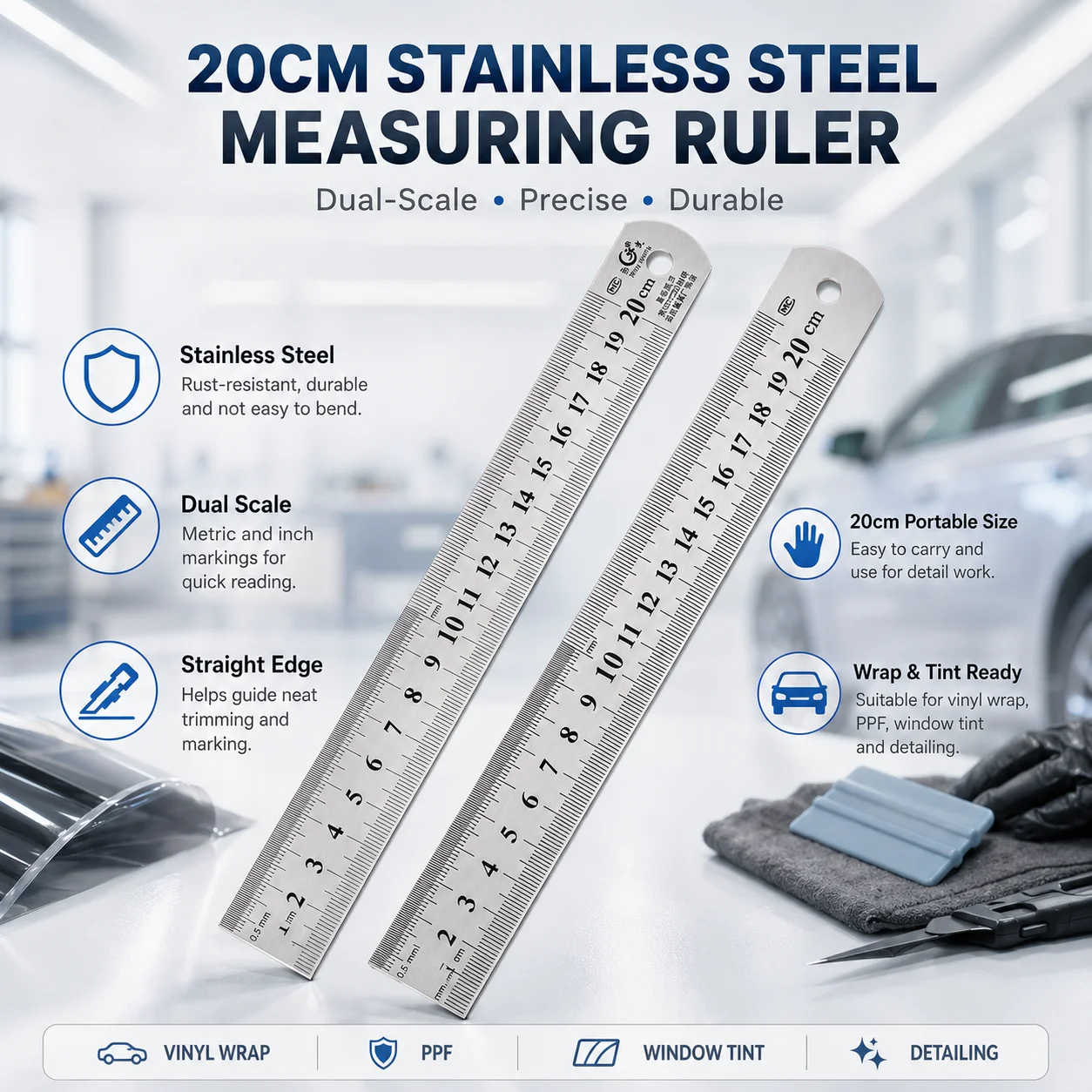 20cm Stainless Steel Metric Ruler 0.5mm Scale for Vinyl Wrap and Window Tint, Precision Film Measuring Marking Car Wrap Tool