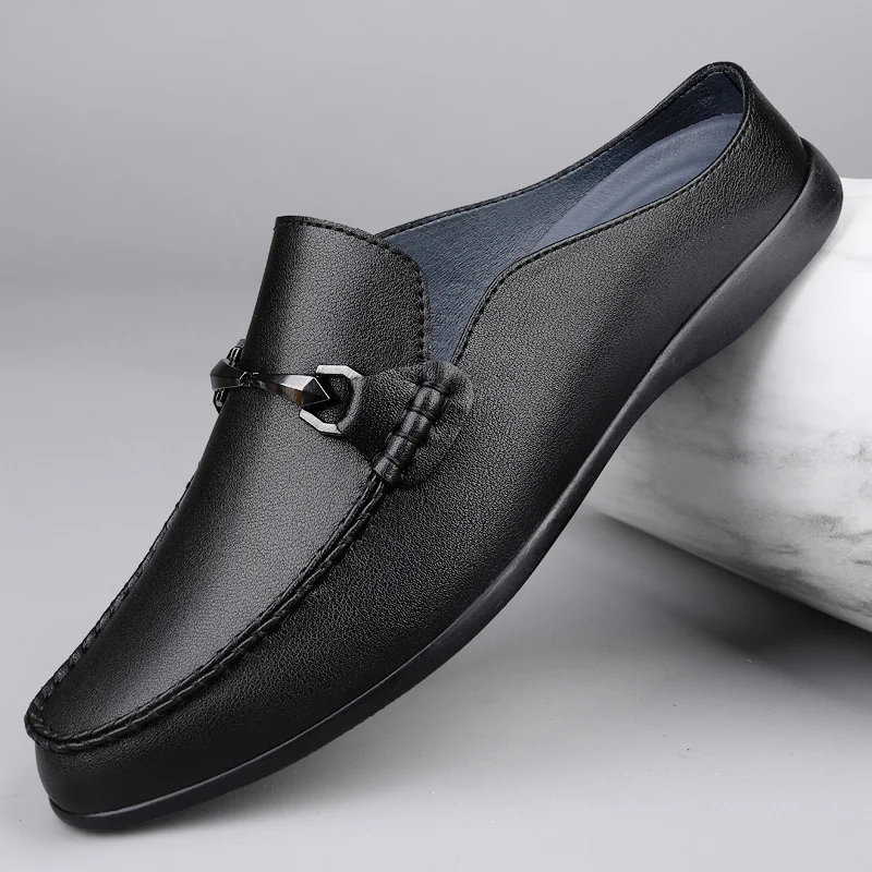 Big Size 48 Summer Mules Men Backless Casual Shoes Loafers Half Slippers Lightweight Slip On Flats Leather Outdoor Slides Sandal