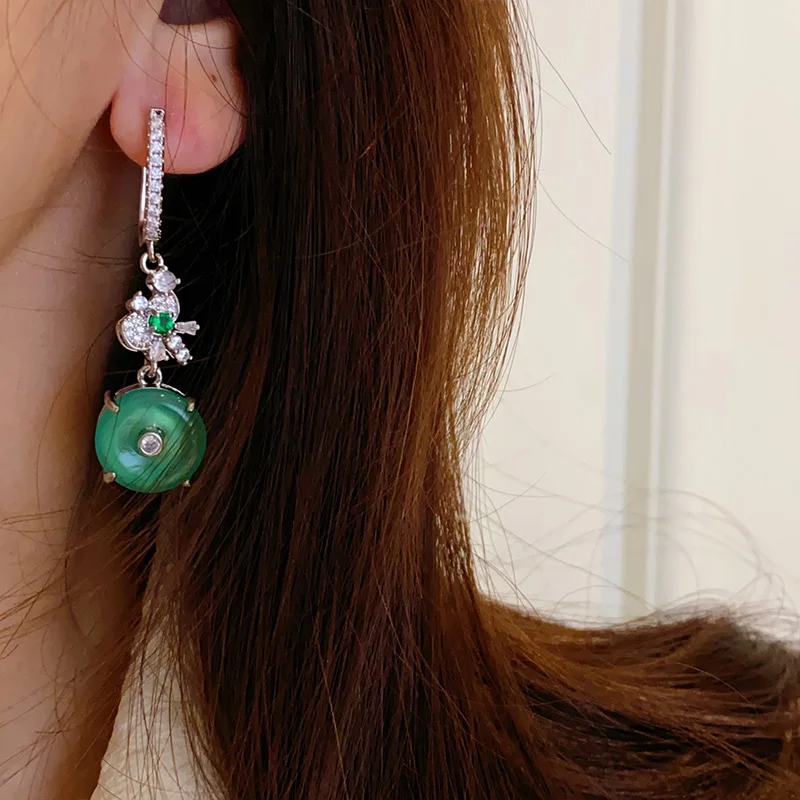 Green Jadeite Peace Buckle Drop Earrings for Women Fine Vintage Jewelry Ethnic Style Agate Party Accessories Stud Long Earring