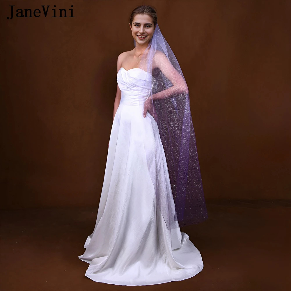 JaneVini Sparkly Mid-length Wedding Veils with Glitters Hair Comb One Layer Fancy Gradient Purple Bridal Veil Bride Accessories