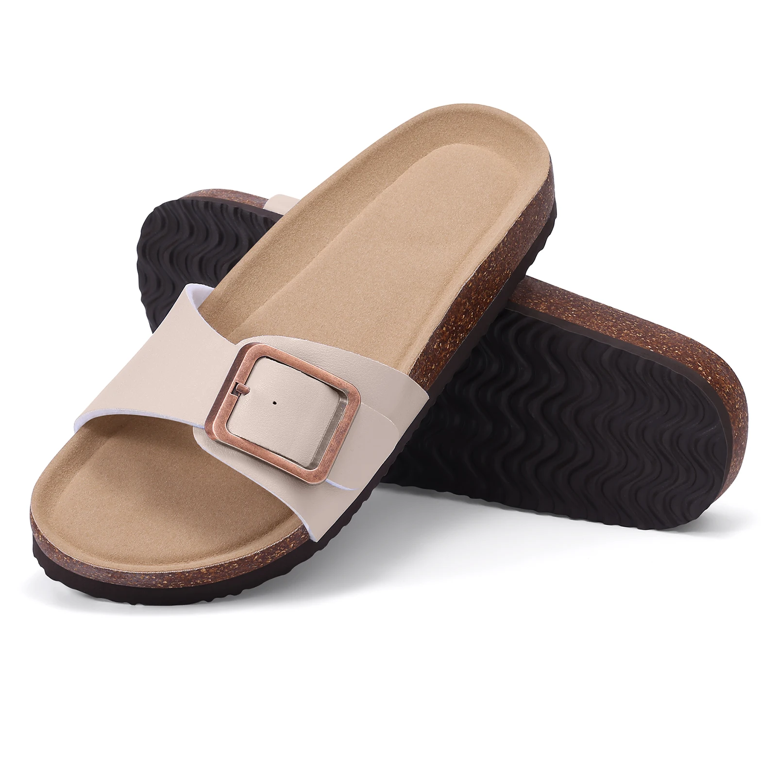 Sandalias De Cuero Para Mujer Con Plantilla De Corcho Y Soporte De Arco, Hebilla Ajustable, Ideales Para Playa En Verano._voghion.com