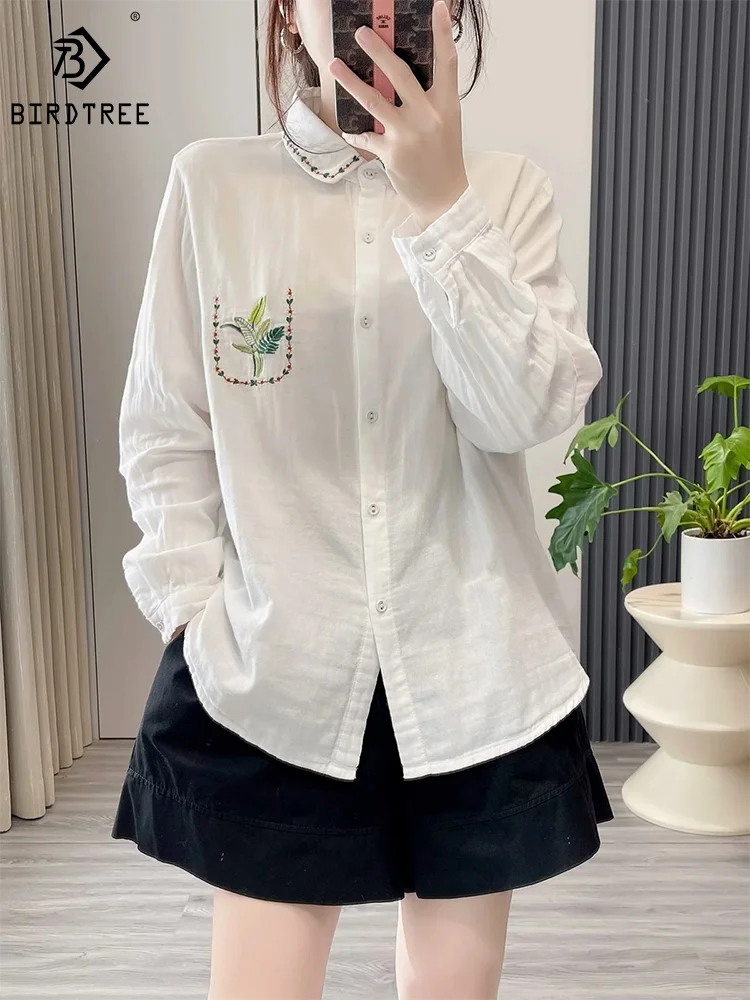 New Autumn Cotton Embroidery Patchwork Shirt Women Lapel Casual Sweet Tops Girl Long Sleeve Loose Blouses 2024 Spring T3D995QM