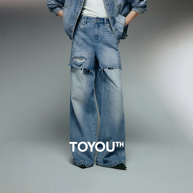TOYOUTH Women Jeans 2025 Autumn NewAsymmetric Faux Two-Piece Spliced High-Waisted Wide-Leg Pants