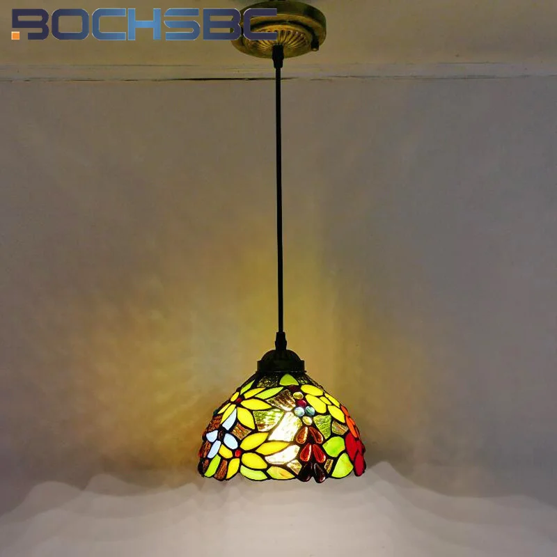 BOCHSBC Tiffany Style Retro Pastoral 8inch rose leaf simple chandelier Pendant lamp Dining room Bedroom hallway balcony LED deco