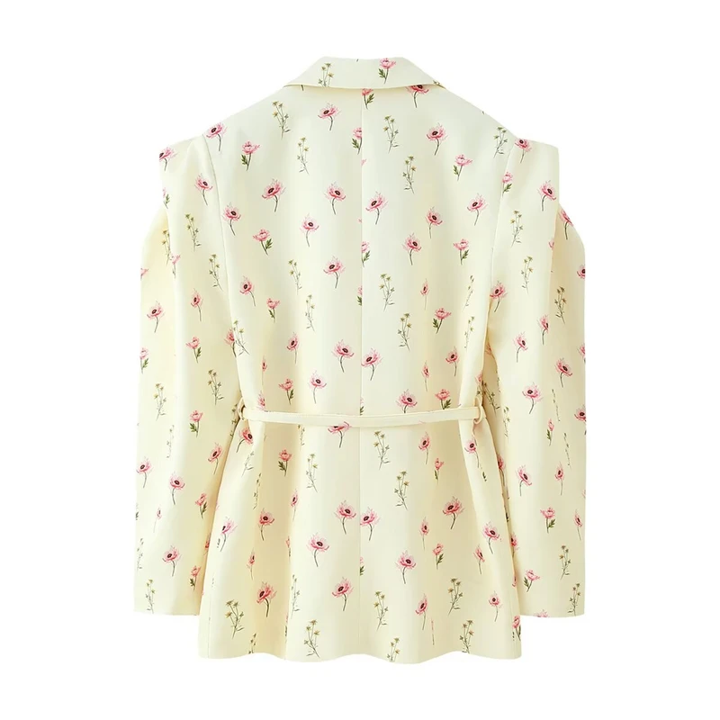 Fashionable Loose Pink Printed Women's Blazer, Notched Collar, Tie-Front Loose Jacket, Long Sleeve High-Waist Jacket, 2026 Women