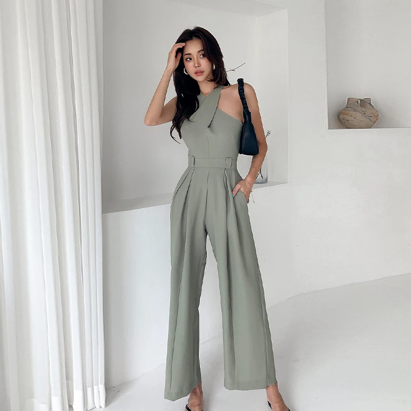 2024 Korean Fashion Edition New Spring Summer Slim Fit Cross Collar Sleeveless Waist Wrapped Slim Long Pants Straight Jumpsuit