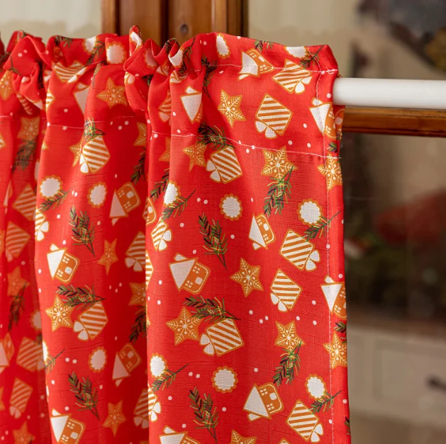 Single Layer Blackout Curtain Drapes, High Precision Gold Foil Print Christmas Cartoon Design, Premium Fabric for Home Decor
