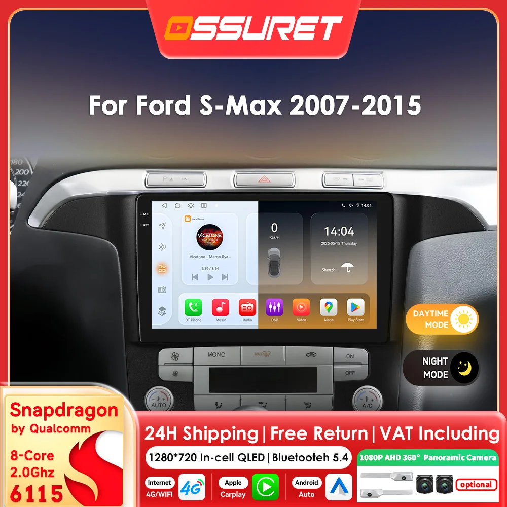 Android 14 Autoradio für Ford S-Max 2007 - 2015, kabelloses Carplay, intelligenter Bildschirm, 360-Grad-Kamera, RDS, DSP, 4G, WLAN, Bluetooth, Head Unit