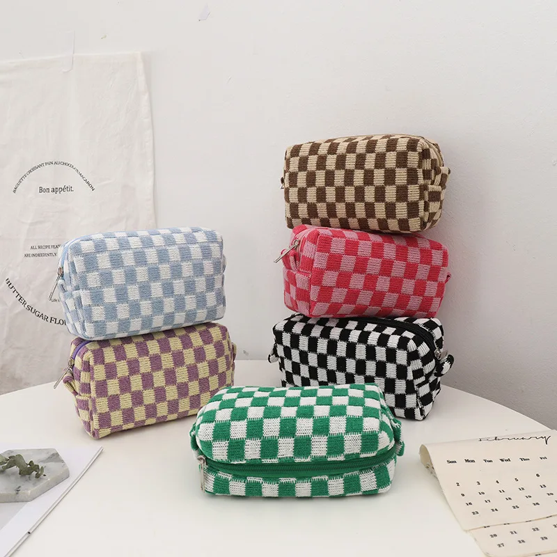 1pc Simple Style Checkerboard Knitted Cosmetic Bag Wash Bag Large Capacity Makeup Organizer Storage Bag Pencil Case Pencil Bag