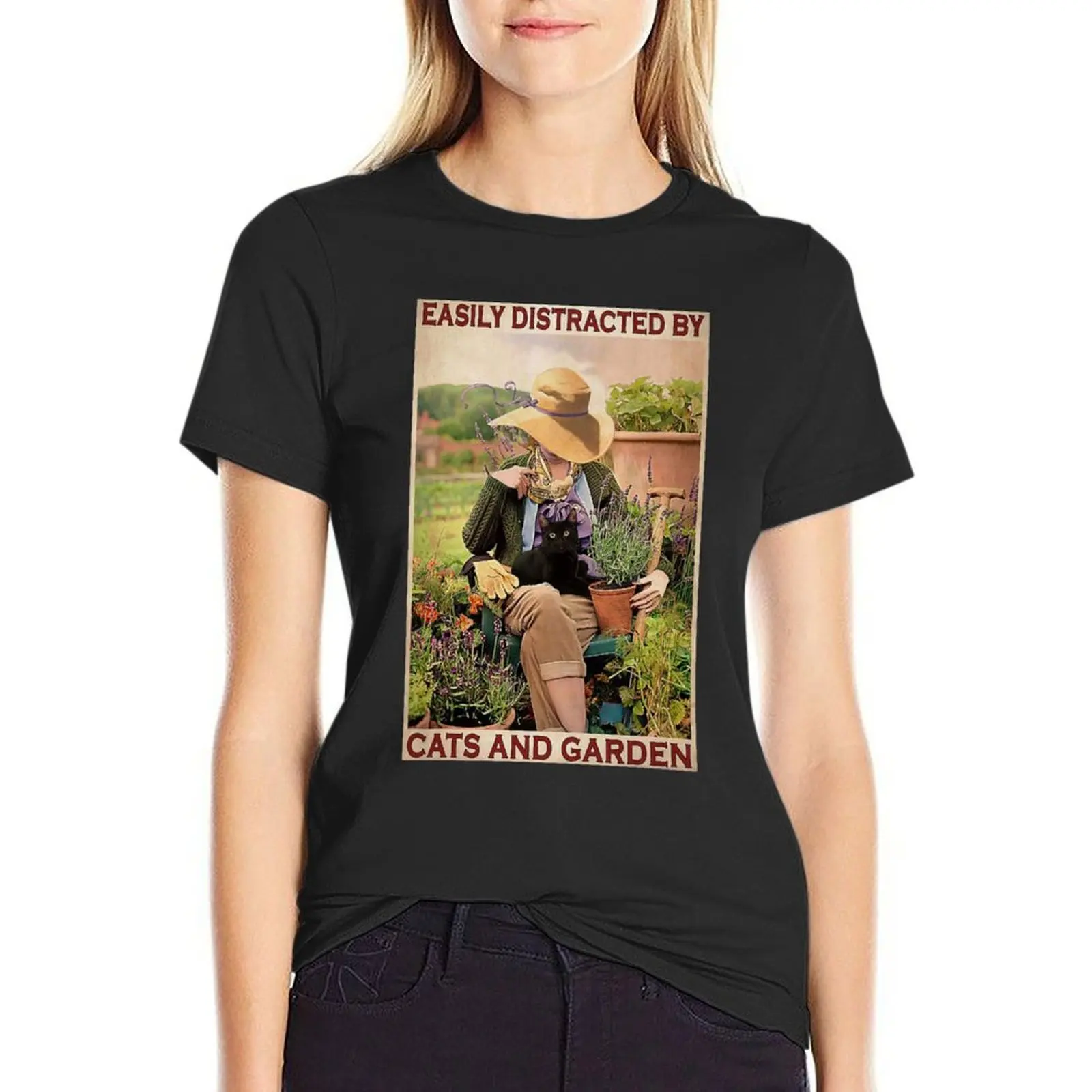 Easily Distracted By Black Cat And Garden Gardener Canvas Prints Canvas, Poster Fine Art Vertical Poster T-Shirt