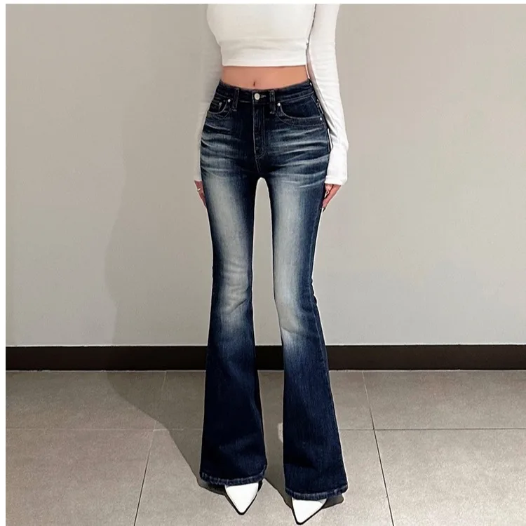 Korean Style High Waist Stretchy Slim Fit Cartoon Leg Bell Bottom Jeans Women Casual Pure Desire Wide Leg Denim Pants