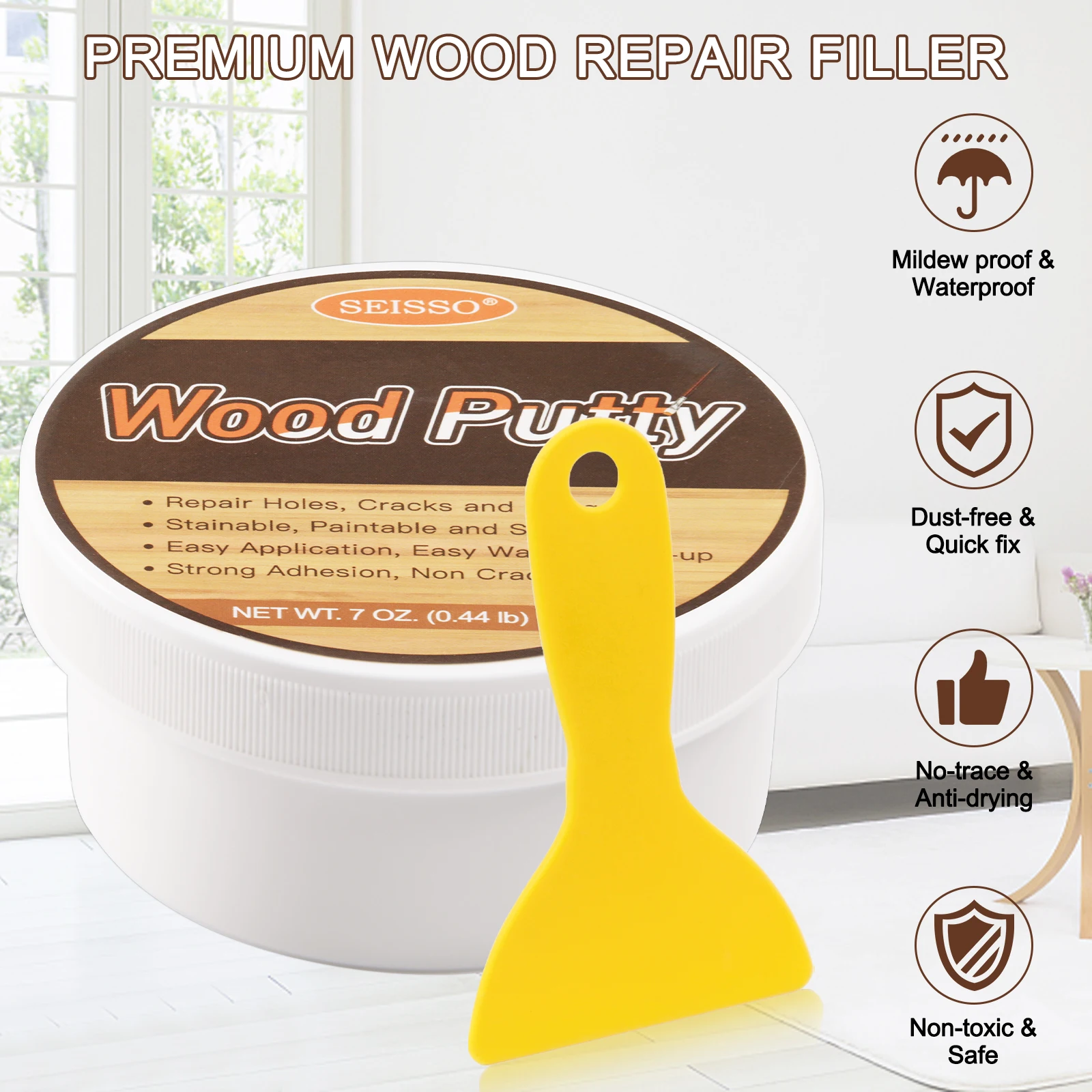 SEISSO Wood Putty, Water-Based Wood Filler, White Wood Putty for Trim, Wood Filler Paintable, Stainable, Wood Furniture Repair