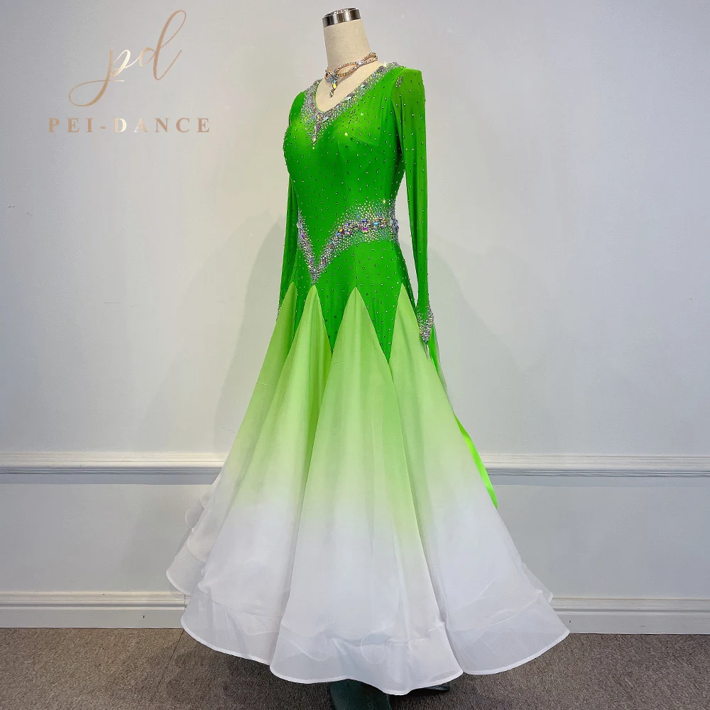 Women Ballroom Competition Dance Dresses 2022 New Advanced Green On White Standard Modern Waltz Dance Wear Lady Dancing Skirt