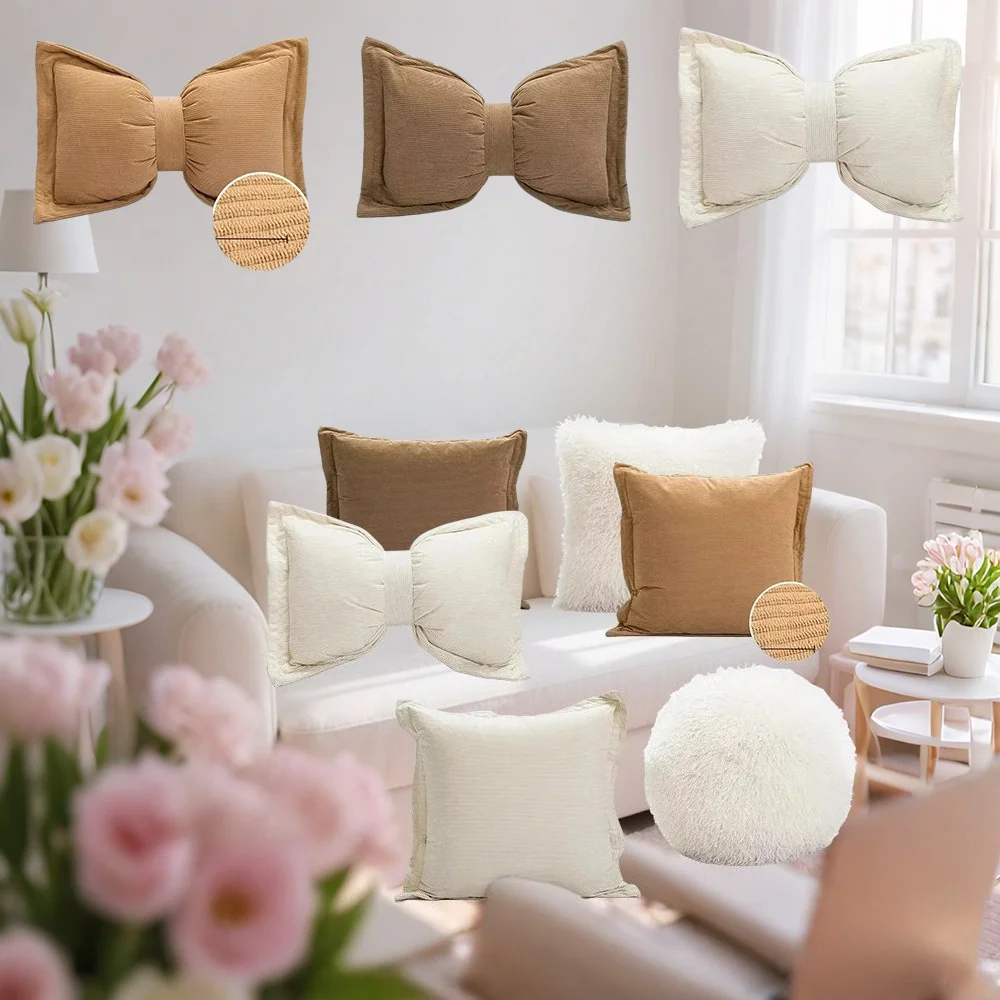 

Solid Color Bow Pillowcase Corduroy Cushion Cover Home Decor Living Room Bedroom Tatami Decorative Pillowcase Funda Cojín 30x50