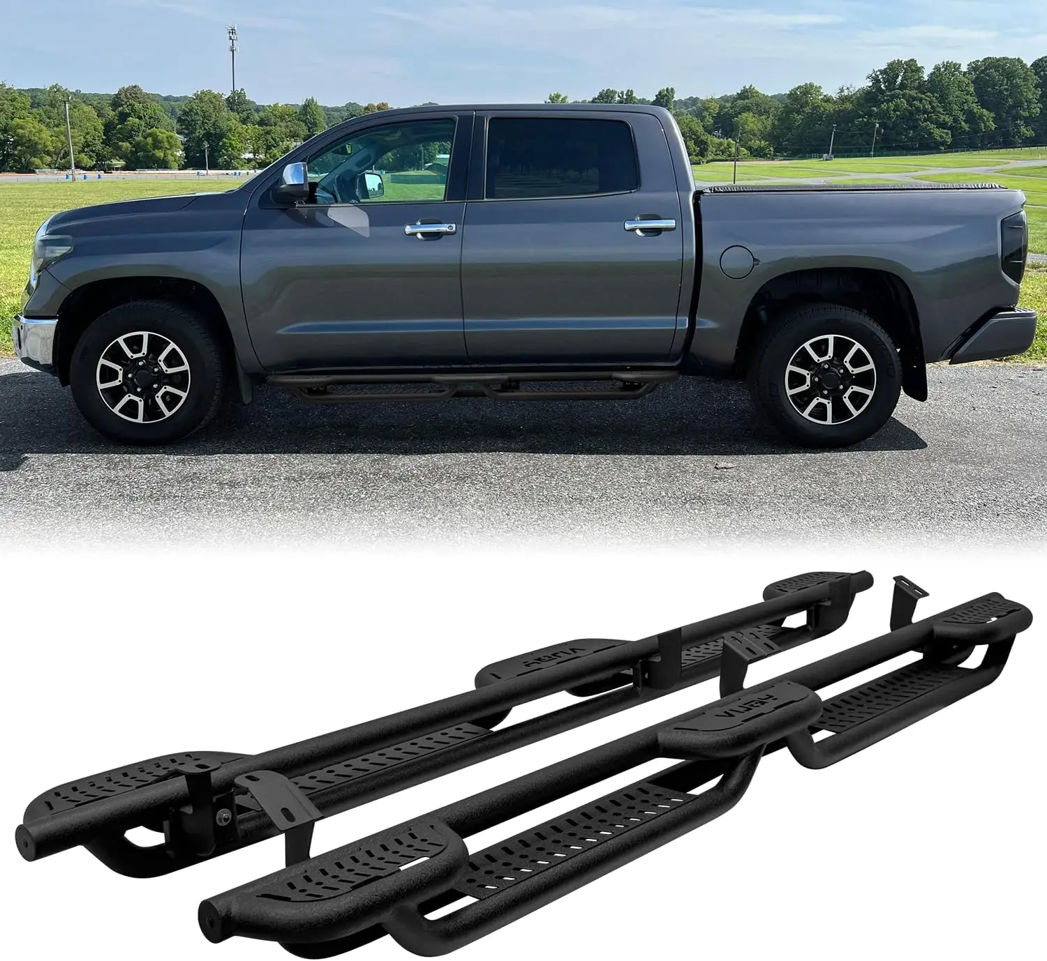 

Боковая подножка I, совместимая с Toyota Tundra Crewmax Cab 2007-2021 гг. (черная текстурированная сталь)