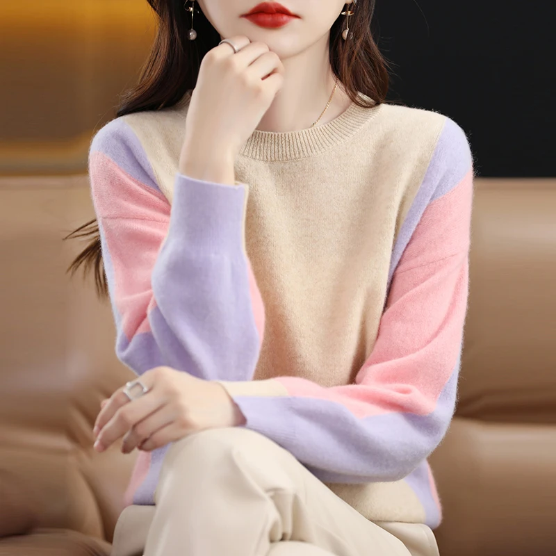 100% Merino cashmere Fall/winter new women's sweater crewneck jumper Fashion light luxury matching color warm knit shirt