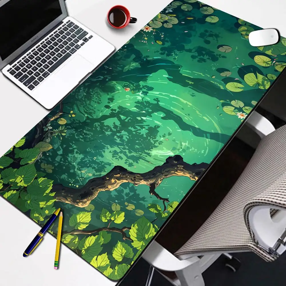 HYBXAXC Lotus Pond Green Mouse Pad Large Computer Office Game Table Mat XXL Rubber Anti-slip Stitched Edges Keyboard Mats Long