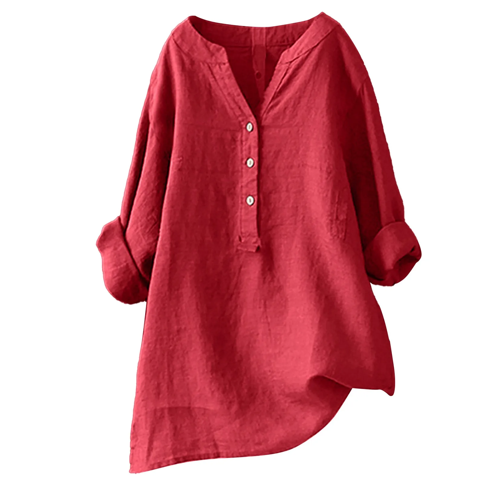 Summer Long Sleeved Baggy Tunic Shirt  Vintage Button Loose Long Sleeved Shirt Solid Color V Neck Casual Fashion Linen Shirt