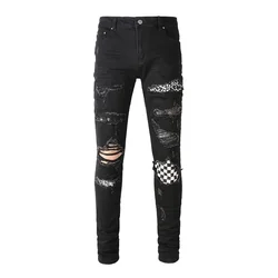 Men Crystal Skinny Jeans Check Plaid Patch Ripped Stretch Denim Pants Holes Patchwork Tapered Trousers Black