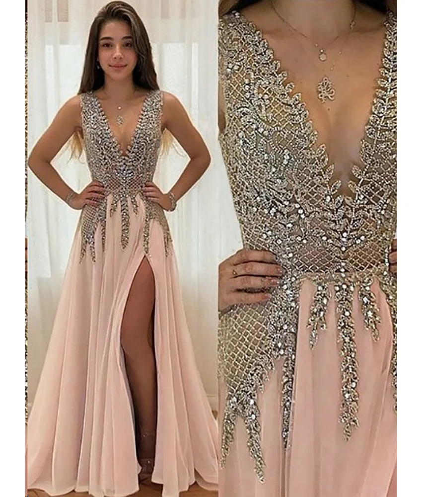 

Customized Luxury Crystal Appliques Chiffon A-Line Evening Dress High Quality Sleeveless V-Neck Floor Length Celebrity Gowns