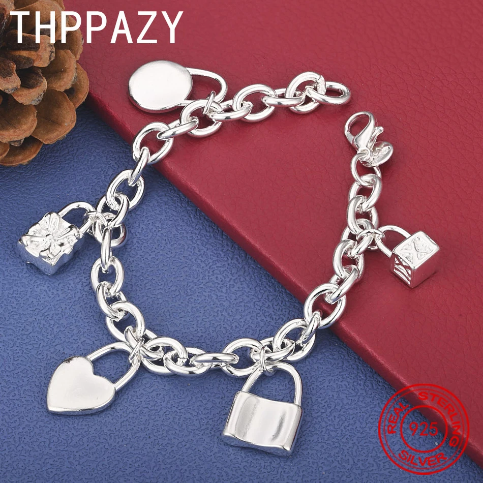 

THPPAZY 925 Sterling Silver Heart/Square/Round Lock Bracelet Women Fashion Trend New Jewelry Women Birthday Christmas Party Gift