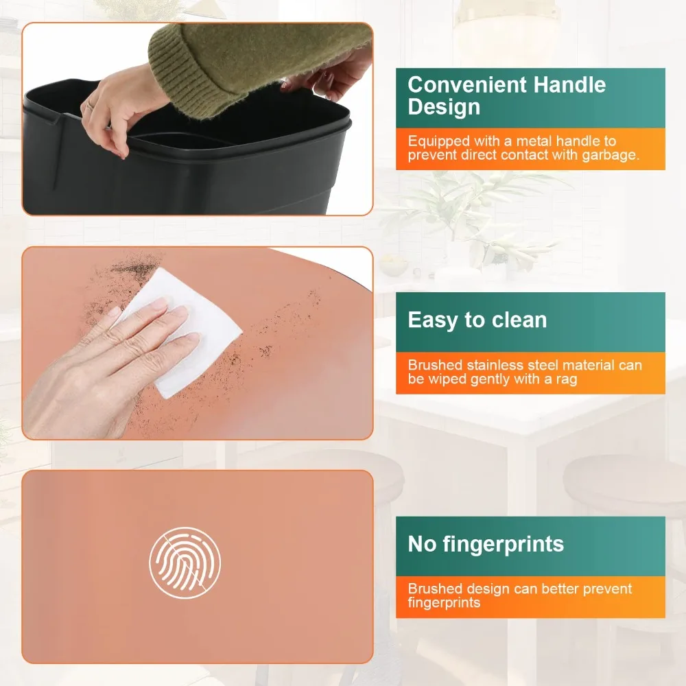سلة مهملات مطبخ من الفولاذ المقاوم للصدأ مقاومة لبصمات الأصابع سعة 50 لترًا مع دلو قابل للإزالة وغطاء مفصلي #5