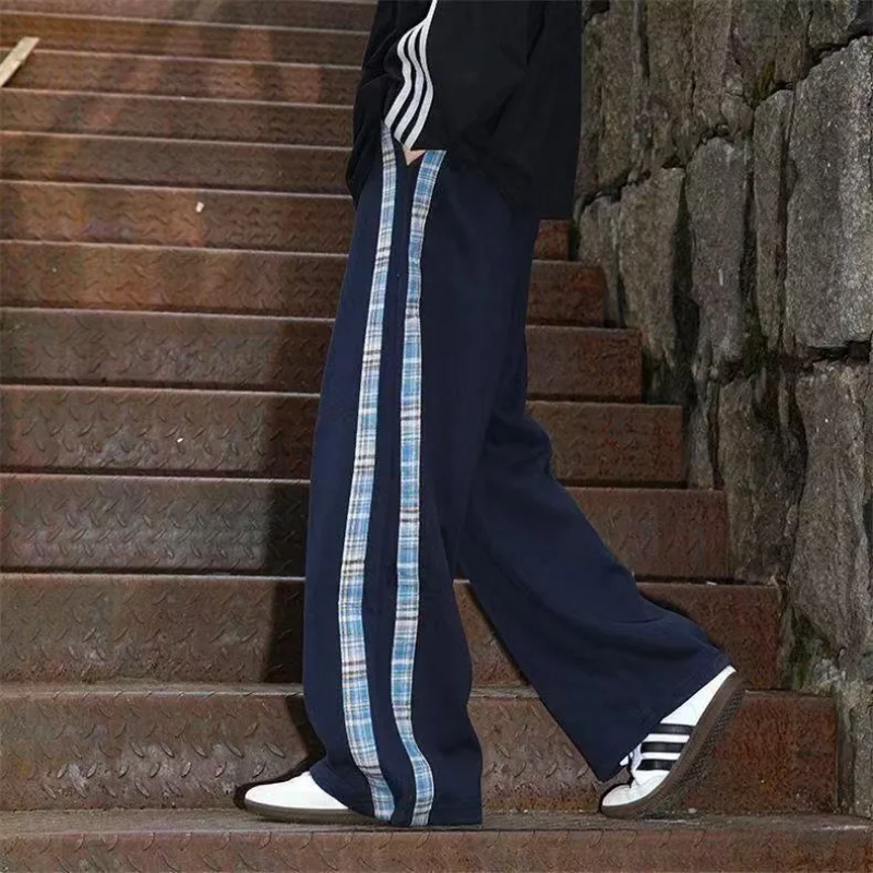 Pantalon à jambes larges épissé à carreaux pour femmes, personnalité de rue, Style coréen, décontracté, cordon de serrage, Design, pantalon de printemps, nouveau