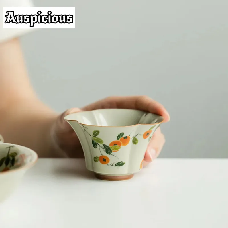 

2pc/set Pure Handpainted Persimmon Ceramic Teacup Creative Pteal Cymbal Cup Chinese Master Cup Puer Tea Bowl Kung Fu Teaset 60ml
