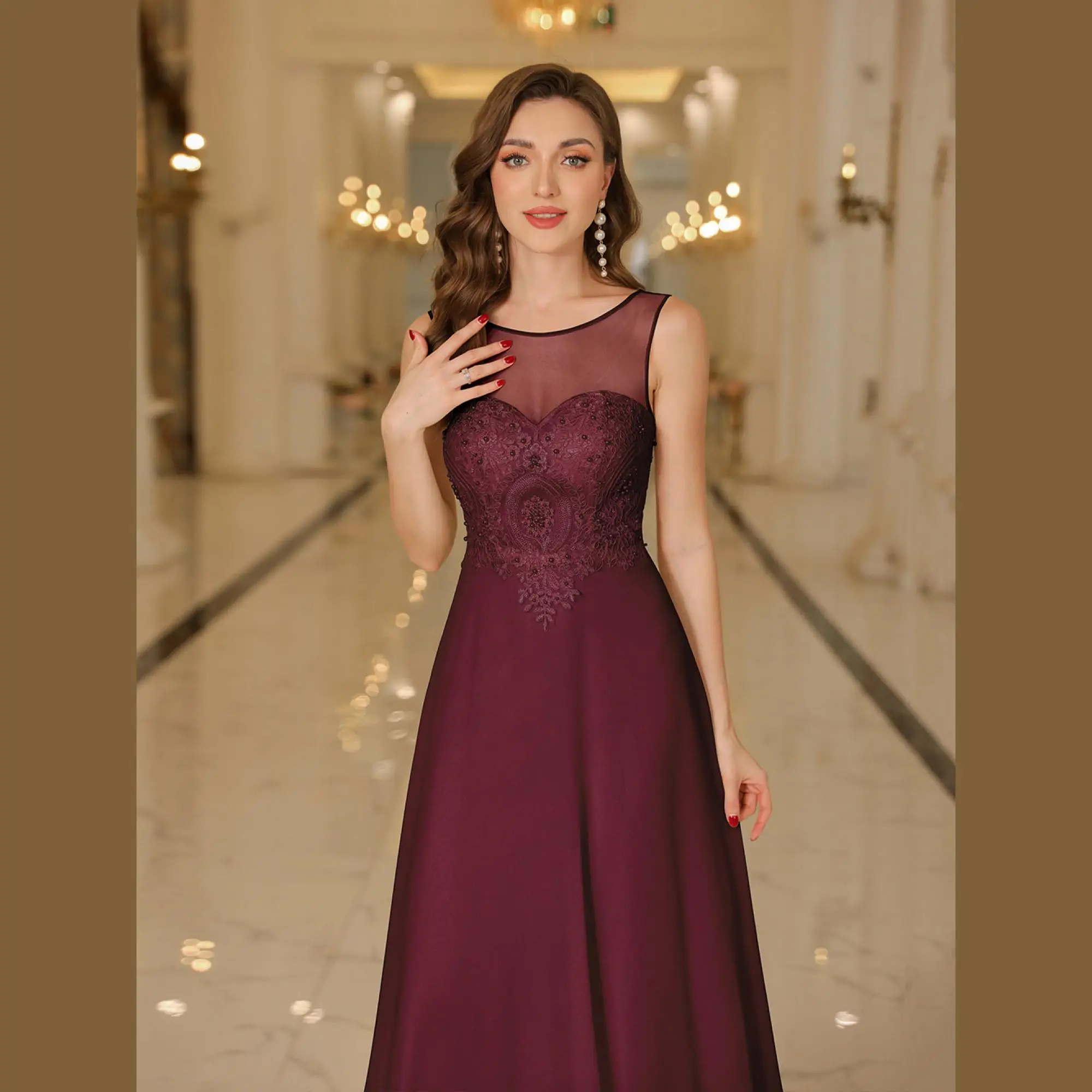 BABYONLINE فساتين سهرة أنيقة شفافة باللون العنابي بدون ظهر بدون أكمام للحفلات الراقصة مزينة بالخرز على شكل حرف a فساتين الحفلات