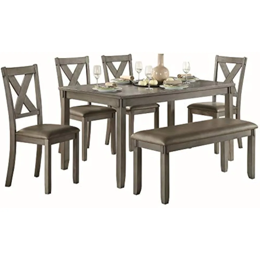 6 Piece, Includes 1 60' Table, 4 Upholstered Chairs & 1 Bench Kitchen & Dining Room Sets, Grey-60 x 36 x 30.5 inches-Modern