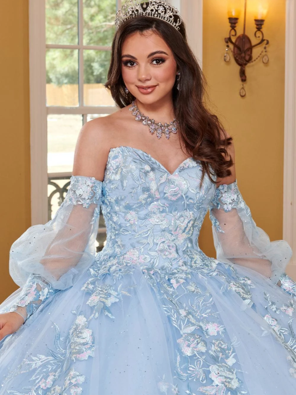 Charming Sky Blue Quinceanrra Prom Dresses Detachable Sleeves Princess Long Sparkly Sequins Appliques Sweet 16 Dress Vestidos