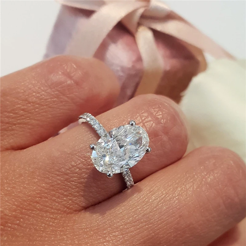 AU585 Gold Ring Elongated Oval Ice Cut 3.5 Carate Moissanite Full Pave Setting Hiden Halo Ring 18K White Gold Anniversary Ring